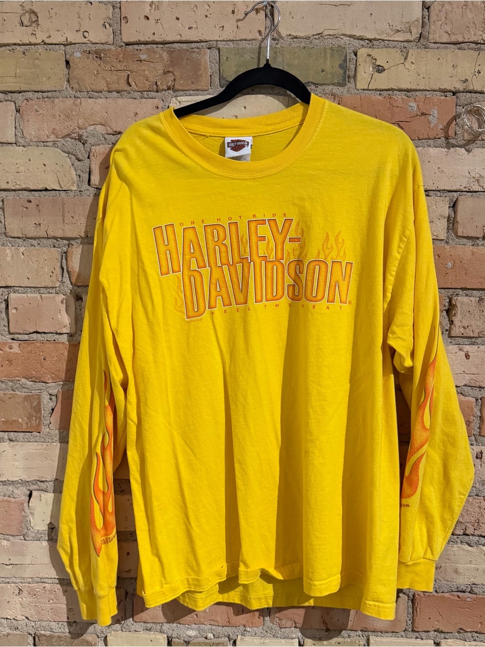 2011 Yellow Long sleeve Harley Davidson shirt with flame detail on sleeves